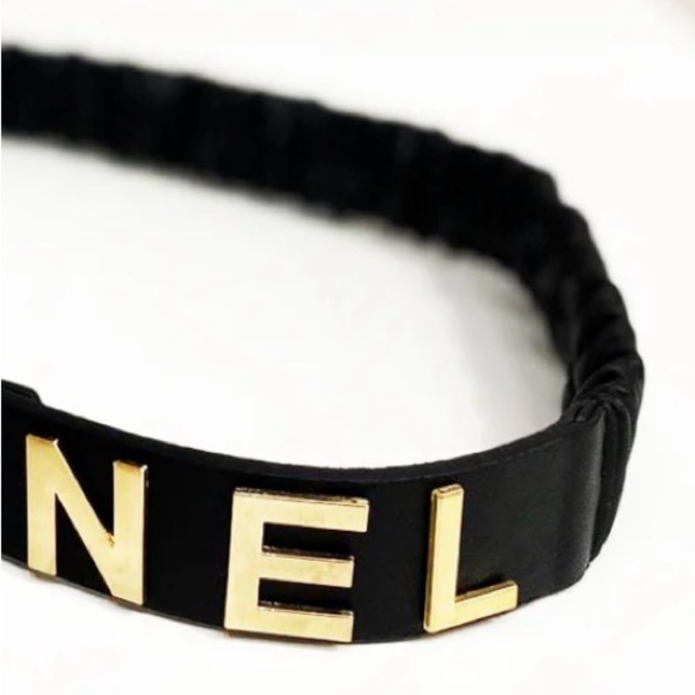 Gold CHA NEL Crystal interlocking CC Black Leather Scrunch Waist Belt & Box XS S - Picture 5 of 14